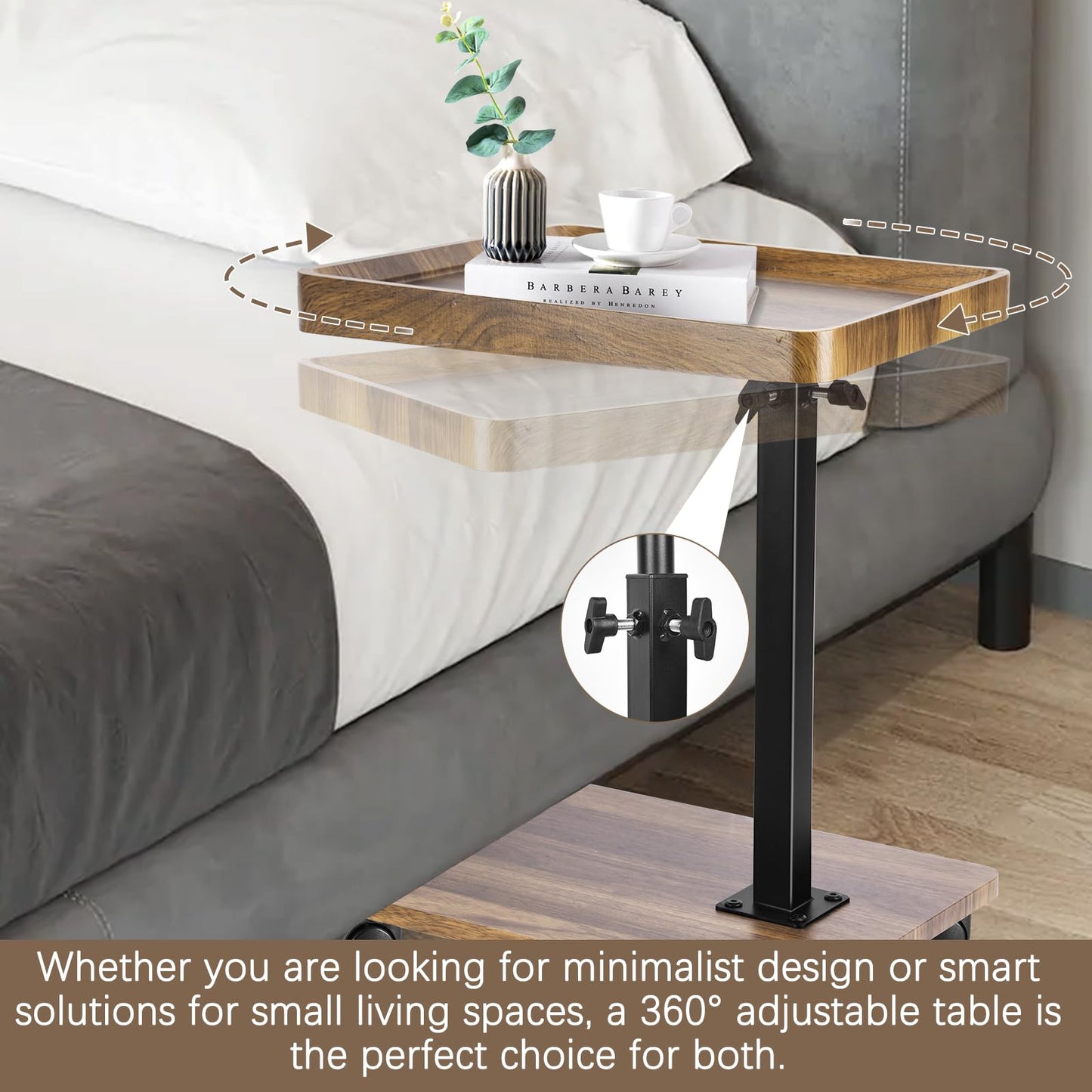 Turmegtt Adjustable Side Table C Shaped Side Table with Wheels