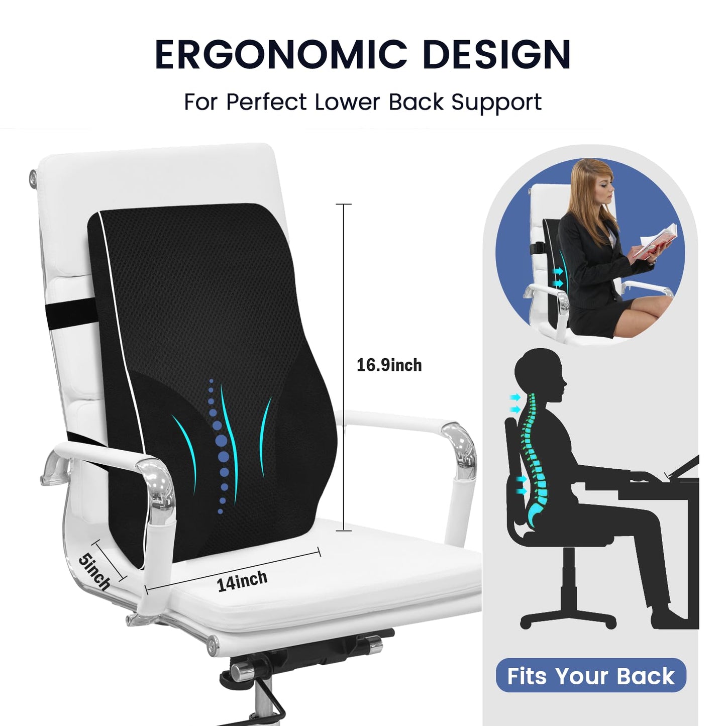 QUTOOL Lumbar Support Pillow for Office Chair Car Memory Foam Back Cushion for Back Large Back Pillow for Computer, Gaming Chair