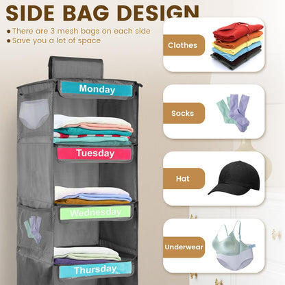 5- Shelf Weekly Clothes Organizer for Kids, Kids Daily Clothes Organiser, Day of Week Clothes Organiser ,Hanging Closet Organizer,Monday Through