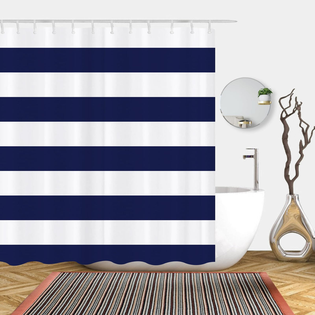 Abaysto Navy Blue Shower Curtain Stripes, Blue and White Bathroom Decorations Curtain Durable Bathtub Showers Decor with Hooks
