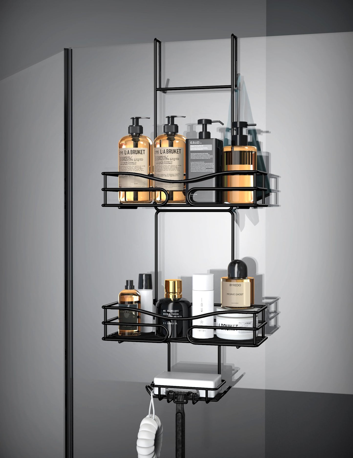 Cooeco Black Hanging Shower Caddy - Rustproof Hanging Shower Shelf with Soap Holder and 6 Hooks, for Glass Bathroom Door Bathroom Storage (Width