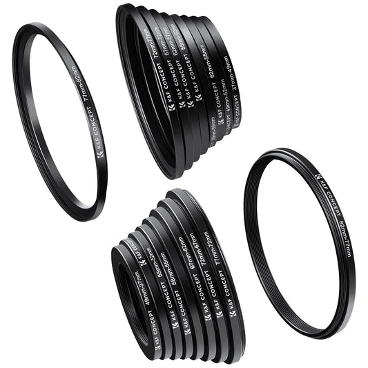 K&F CONCEPT 18PCS Lens Filter Stepping UP and Down Adapter Set 37 49 52 55 58 62 67 72 77 82mm 9PCS Step-Up Rings+9PCS Step-Down Rings 49-52 55-58