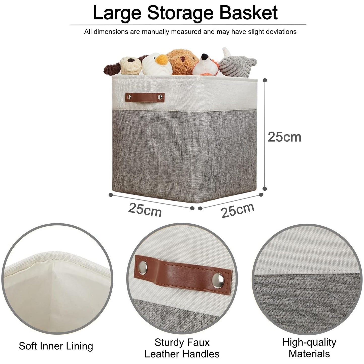 VIIHTYISA Fabric Storage Box, 4-Piece Set 25x25x25cm Cube Storage Boxes with Faux Leather Handle for Cube Shelves, Closet, Wardrobes | Grey & White