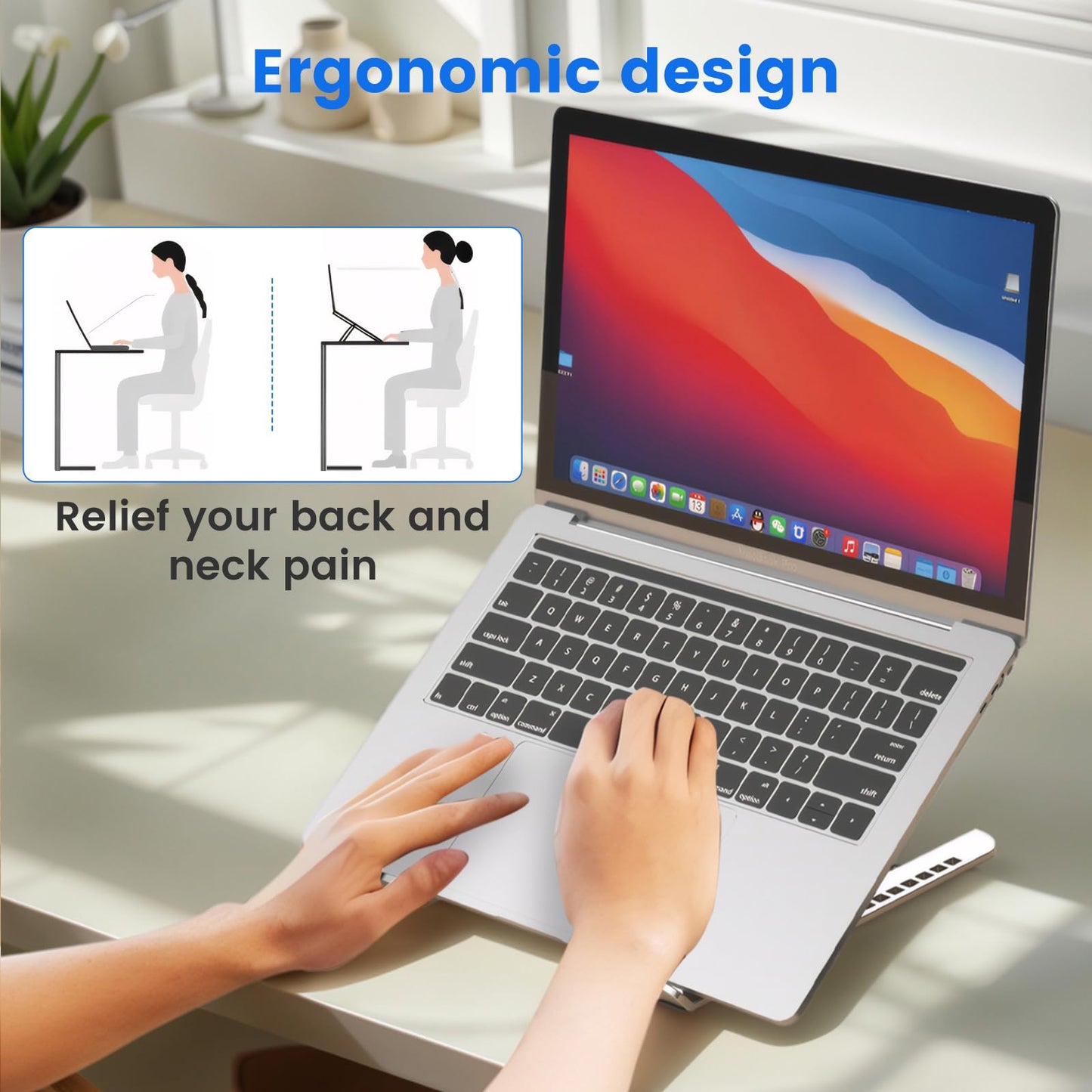 GrandMil Adjustable Laptop Stand for Desk – Foldable & Portable ABS+Silicone Riser, Ventilated Cooling Holder for 10-17.3” Laptops & Tablets (Black)