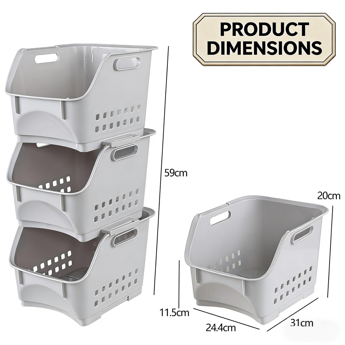 Xyskin 3-Pack Plastic Stackable Storage Basket, Stacking Storage Baskets for Kitchen or Bathroom, Grey Storage Veg Rack Set