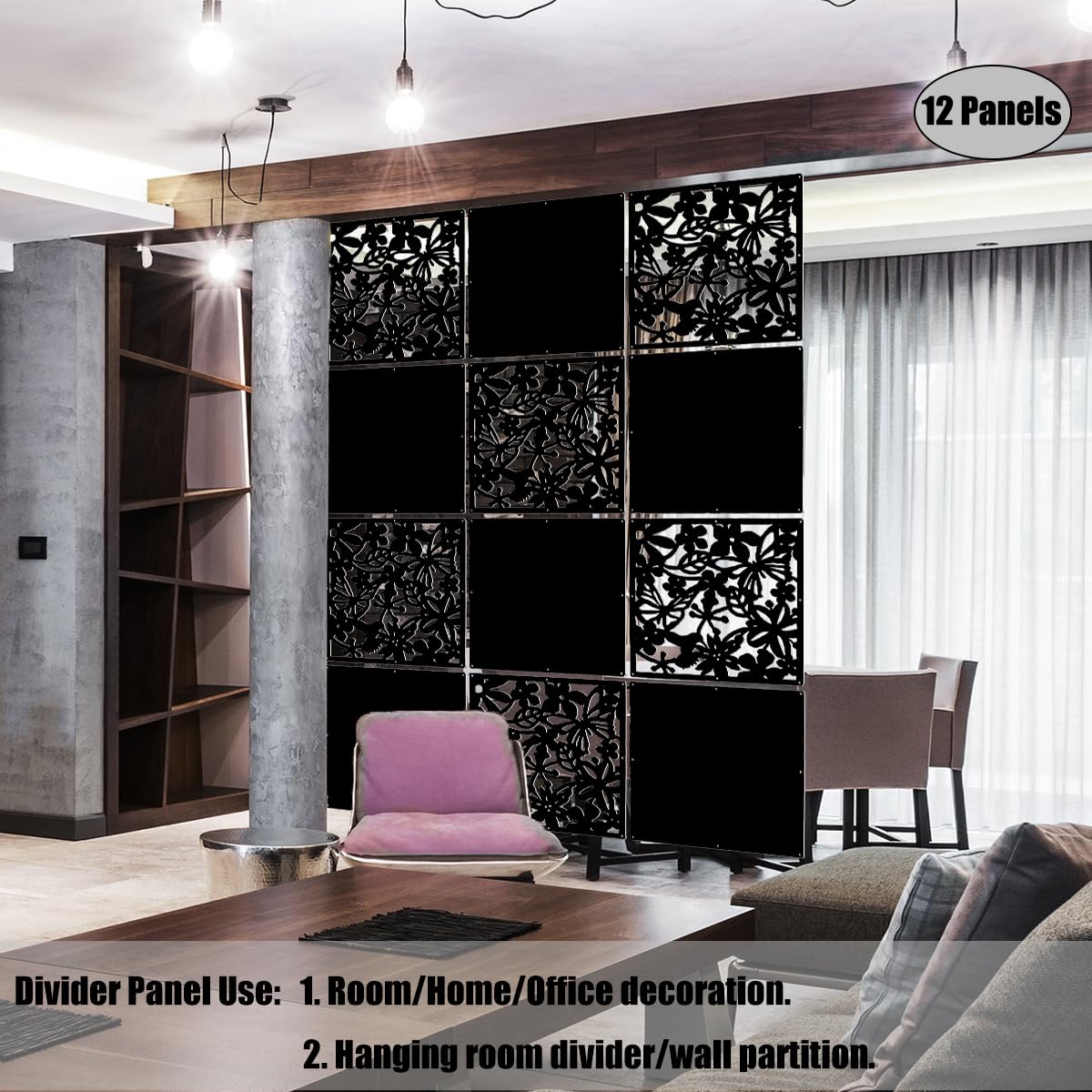 LRZCGB Hanging Room Divider,12pcs PVC Hanging Screen Panel for Decorating Living,Dining,Study and Sitting-room,Hotel and Bar(Black+Solid Board)