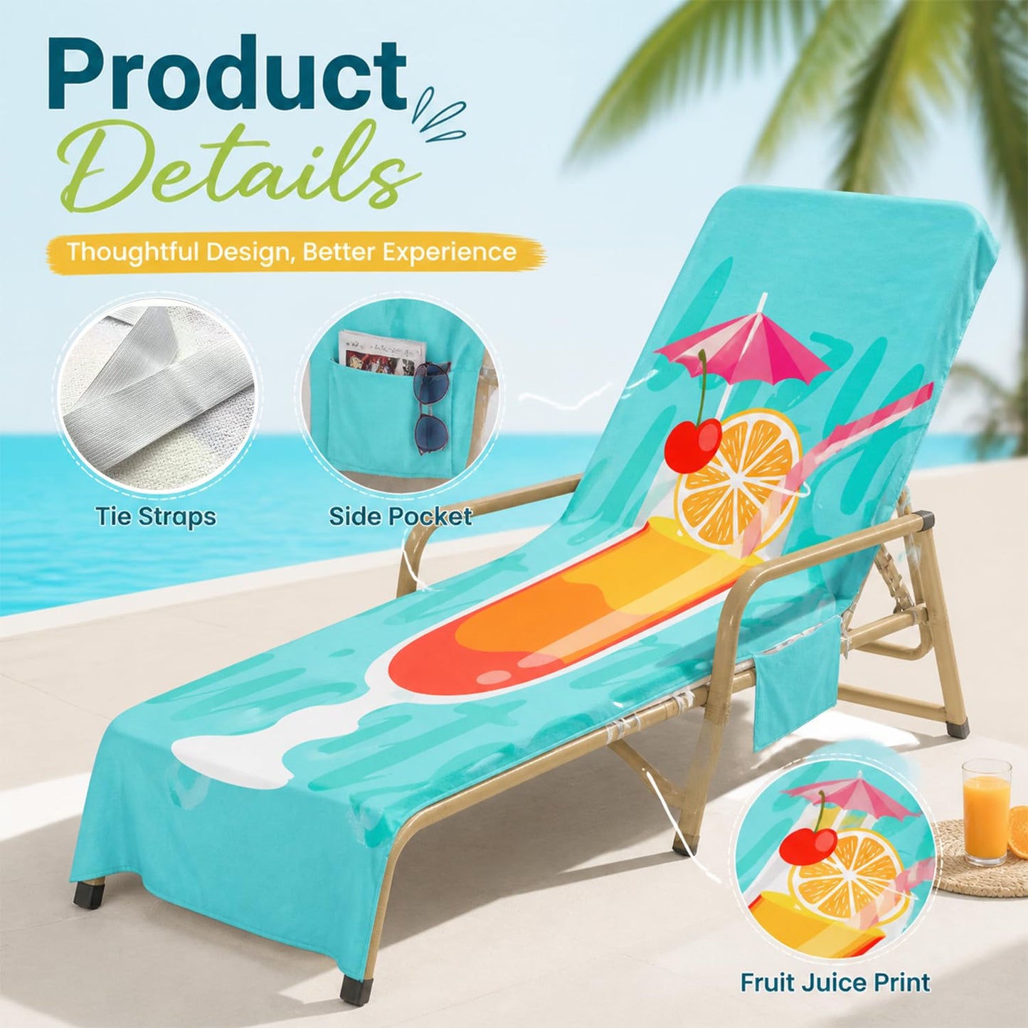 Surwin Sun Lounger Towel with Pockets, 3D Juice Print Quick Dry Beach Towel, Microfiber Sunbed Towels Travel Lounger Bag for Loungers Summer Holiday