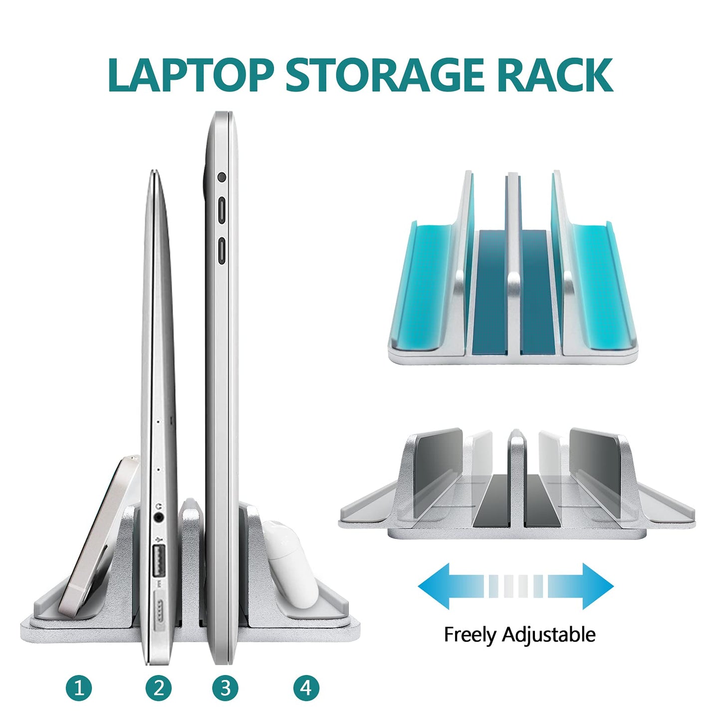 ULBRE Vertical Laptop Stand for Desk Metal Heavy Duty, 4 Slots Adjustable 4in1 Vertical MacBook Stand Rack Pro Holder Compatible w' All Surface Dell