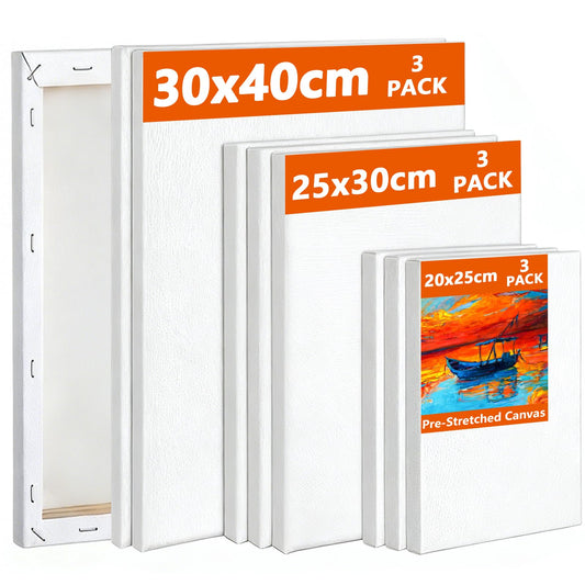 Koncci Stretched Canvas for Painting, 9 Packs Multiple Sizes Canvases Set, 30x40cm, 25x30cm, 20x25cm(3 Pcs Each), 280GSM Stretched Wooden Canvas