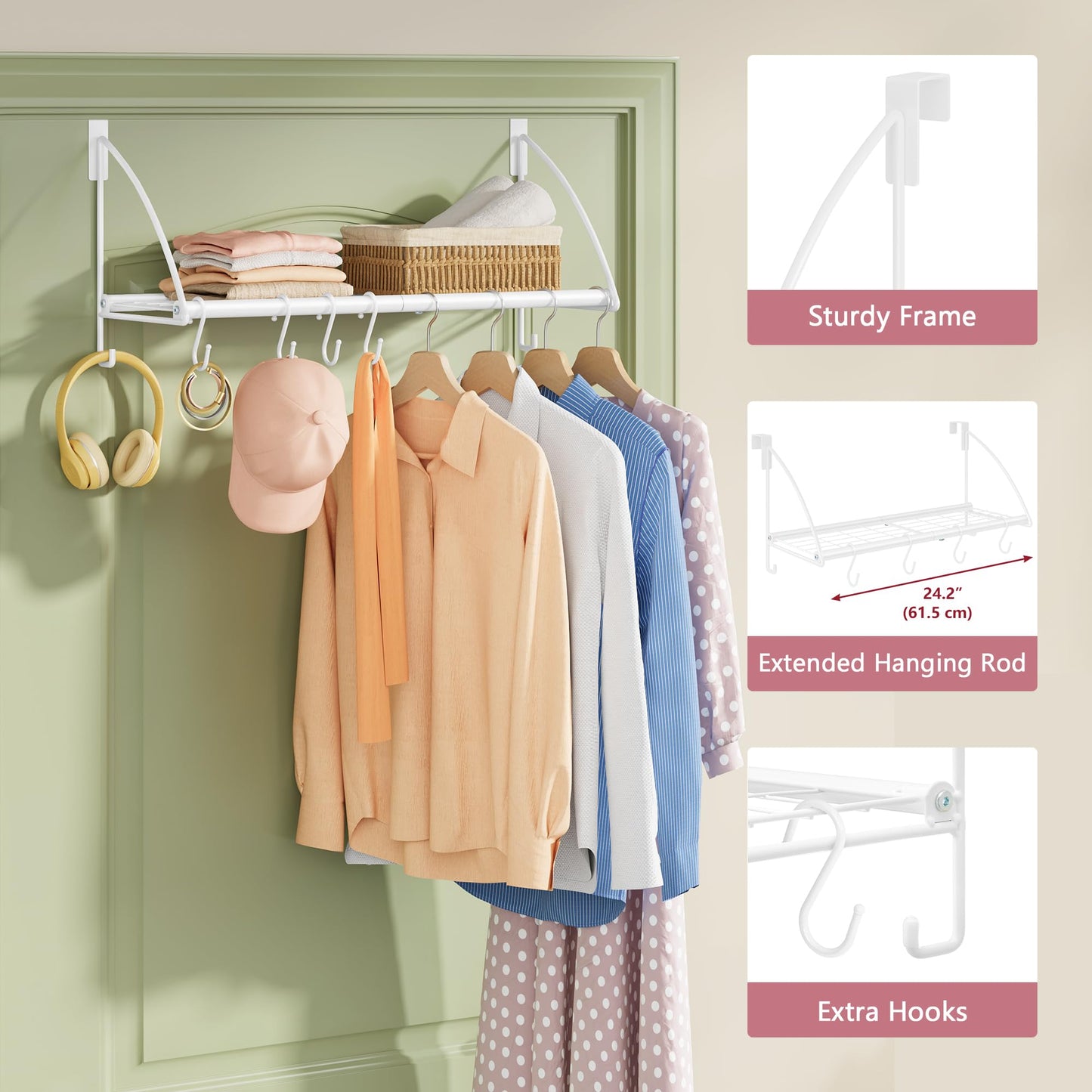 Tajsoon 24.2" Over the Door Clothes Hanger with Storage Rack and Hook White