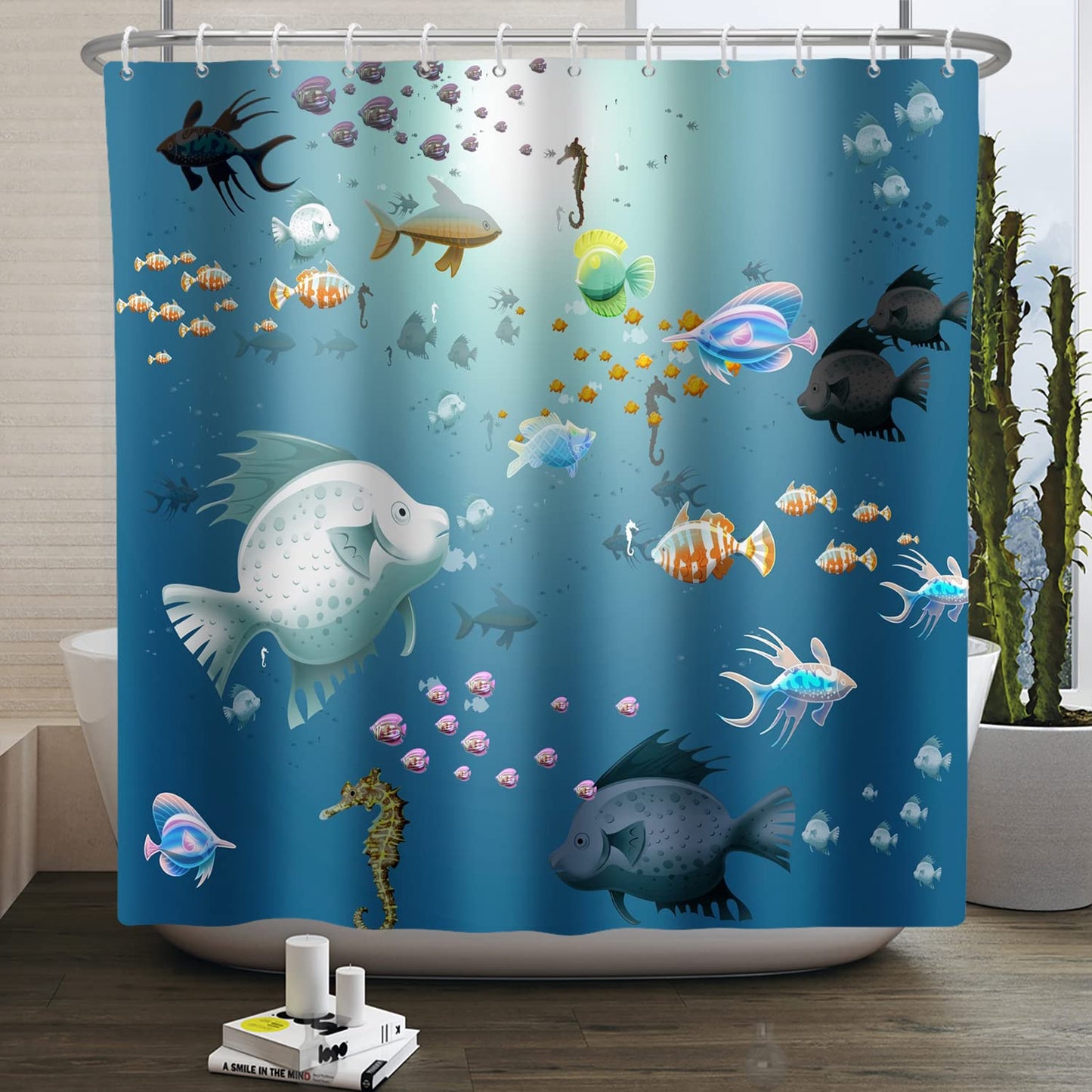 SDOTPMT 140x183cm Cartoon Fish Shower Curtain Colorful Tropical Fishes Hippocampus Marine Animal Bath Curtain Blue Ocean Bathtub Curtain for Bathroom