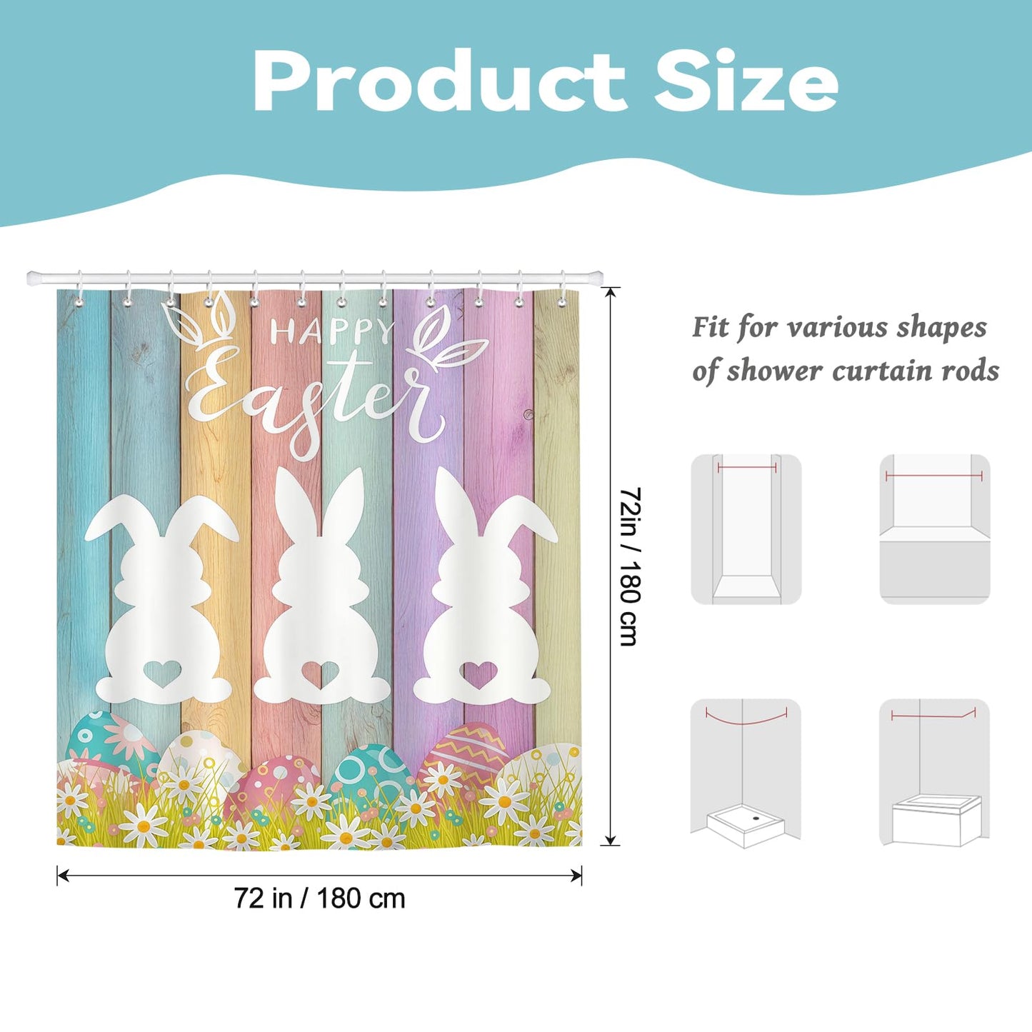 BREASOME Spring Easter Bunny Shower Curtain 180 x 180 cm Cute Rabbit Egg Floral Shower Curtain for Bathroom Decor Mould Proof Waterproof Polyester