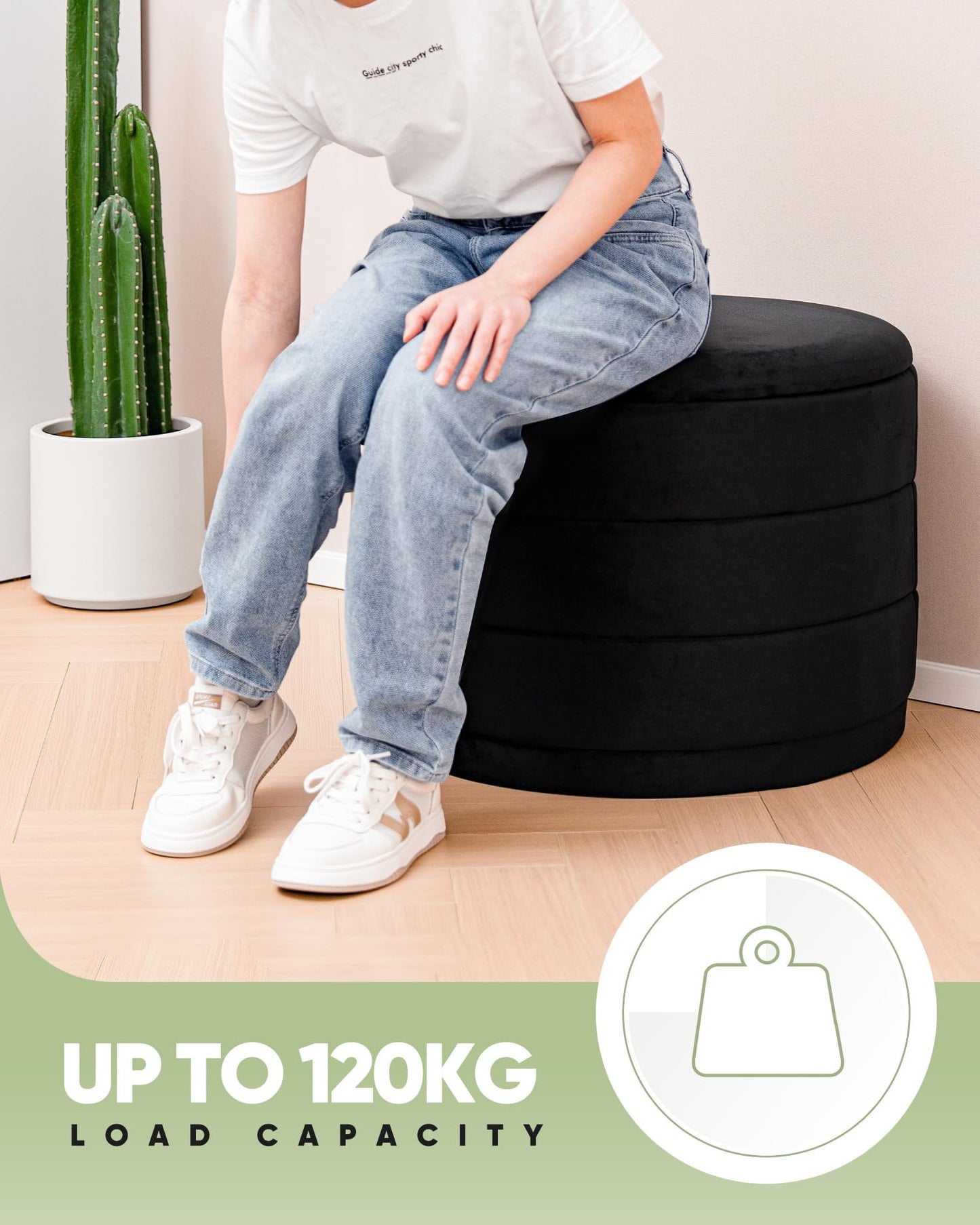 Bonlife Large Storage Ottoman Round - Folding Foot Rest with Hidden Storage, Black Velvet 58x58x44cm for Living Room, Bedroom & Hallway