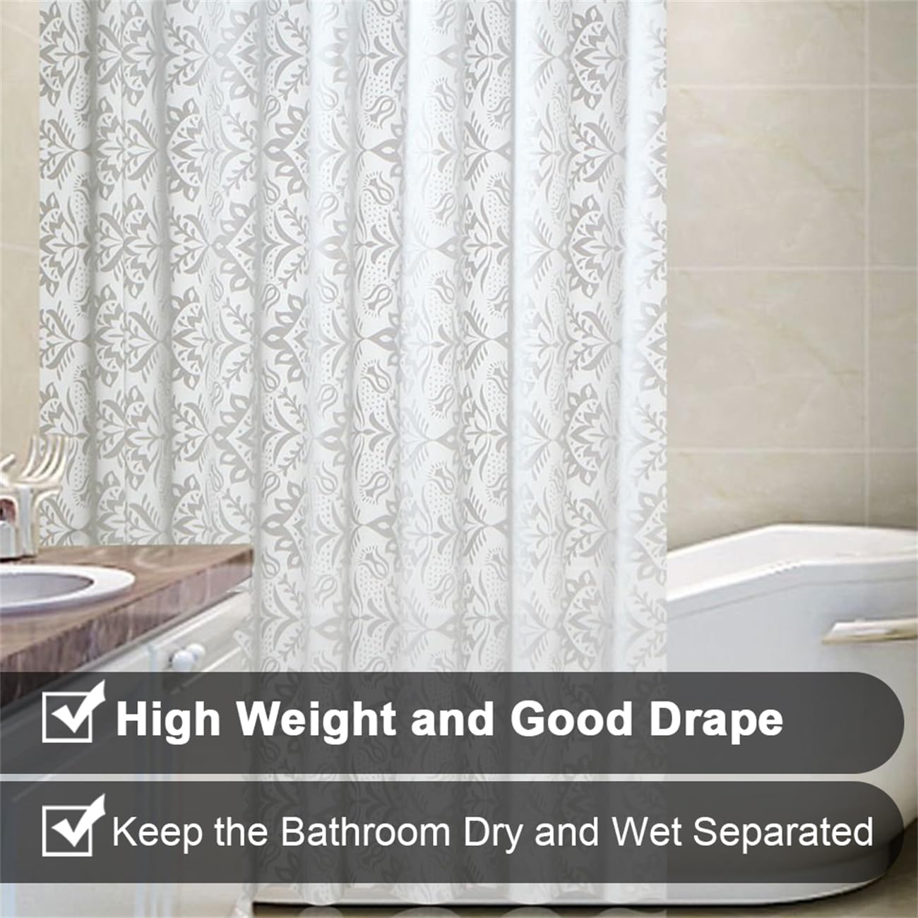 Lkw Ogechi Shower Curtain PEVA Washable White Flower 180x200 cm, 200 Drop Large Waterproof Plastic Bathroom Curtains