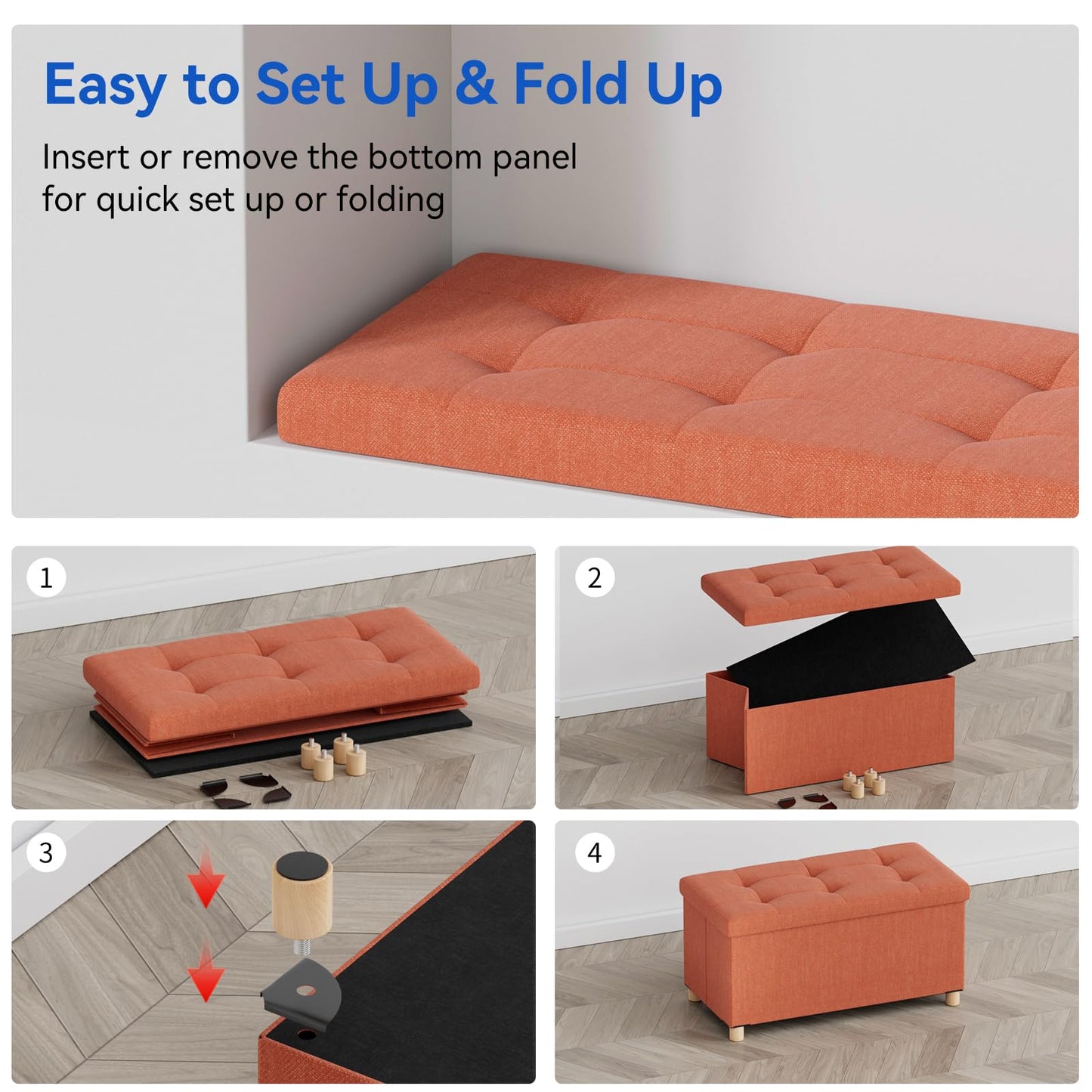 BRIAN & DANY Ottoman Storage Box with 4 Wood Legs, Linen Storage Ottoman for Living Room, Orange, 76 x 38 x 38 cm