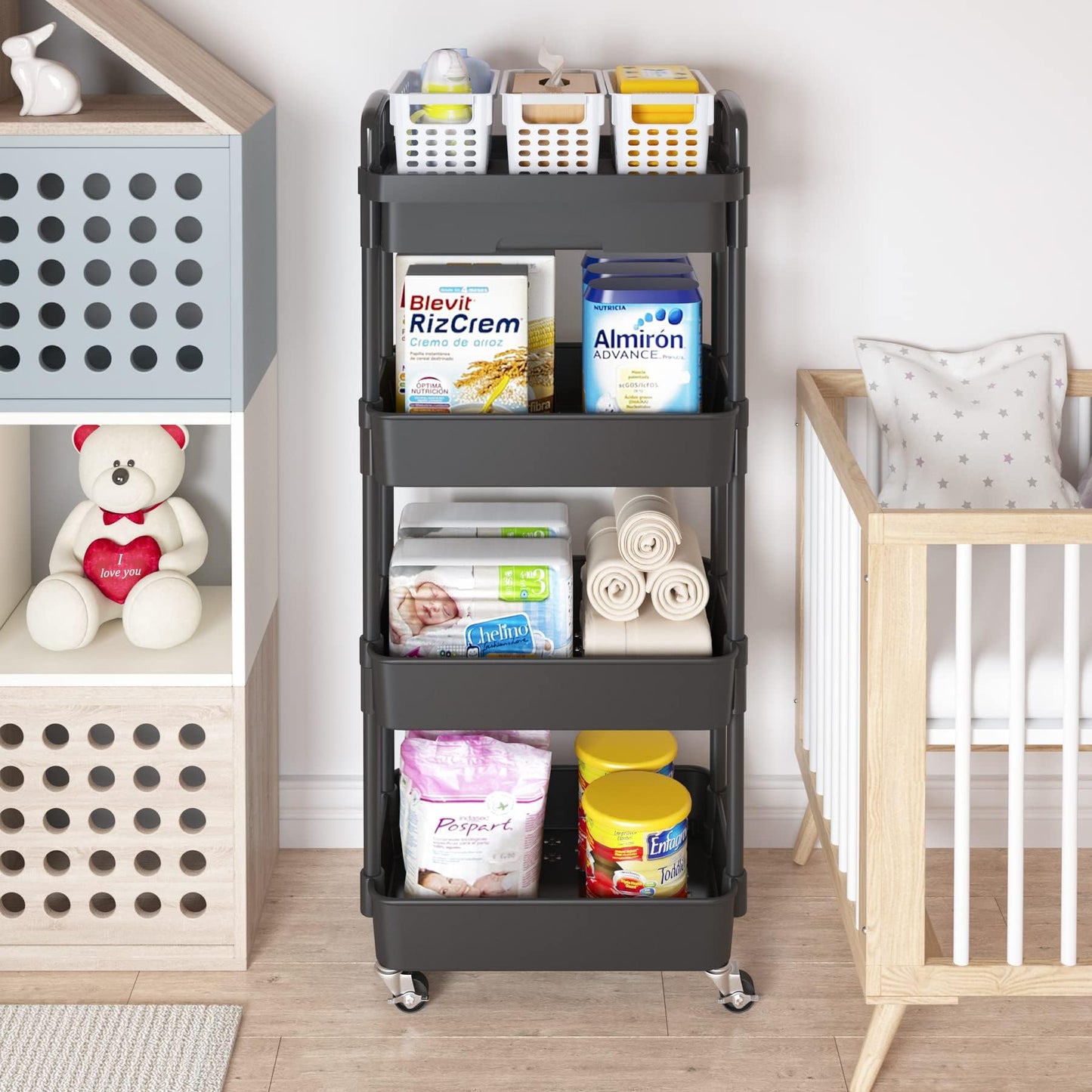 Wuciray Beauty Trolley on Wheels 4 Tier Storage Trolley with Drawer Plastic Beauty Trolleys Rolling Utility Cart Craft Trolleys on Wheels for Home