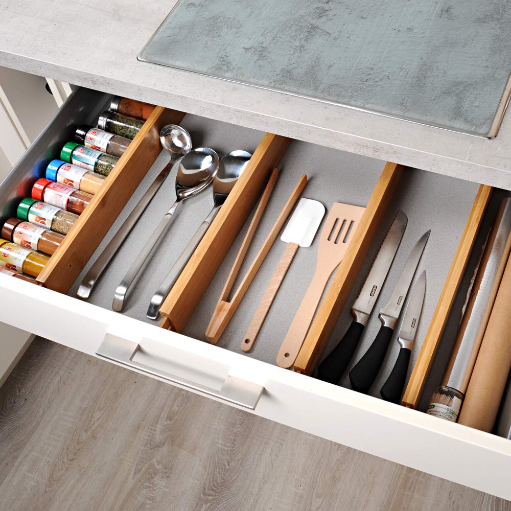 KESPER 1707413 Schubladentrenner, 4er Pack, Länge einstellbar von 44 bis 56.3 cm, Braun