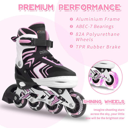 Nattork Roller Skates for Girls with Full Light up Wheels, Adjustable Beginner Inline Skates for Little Kids, Pink, Size 10J 11J 12J