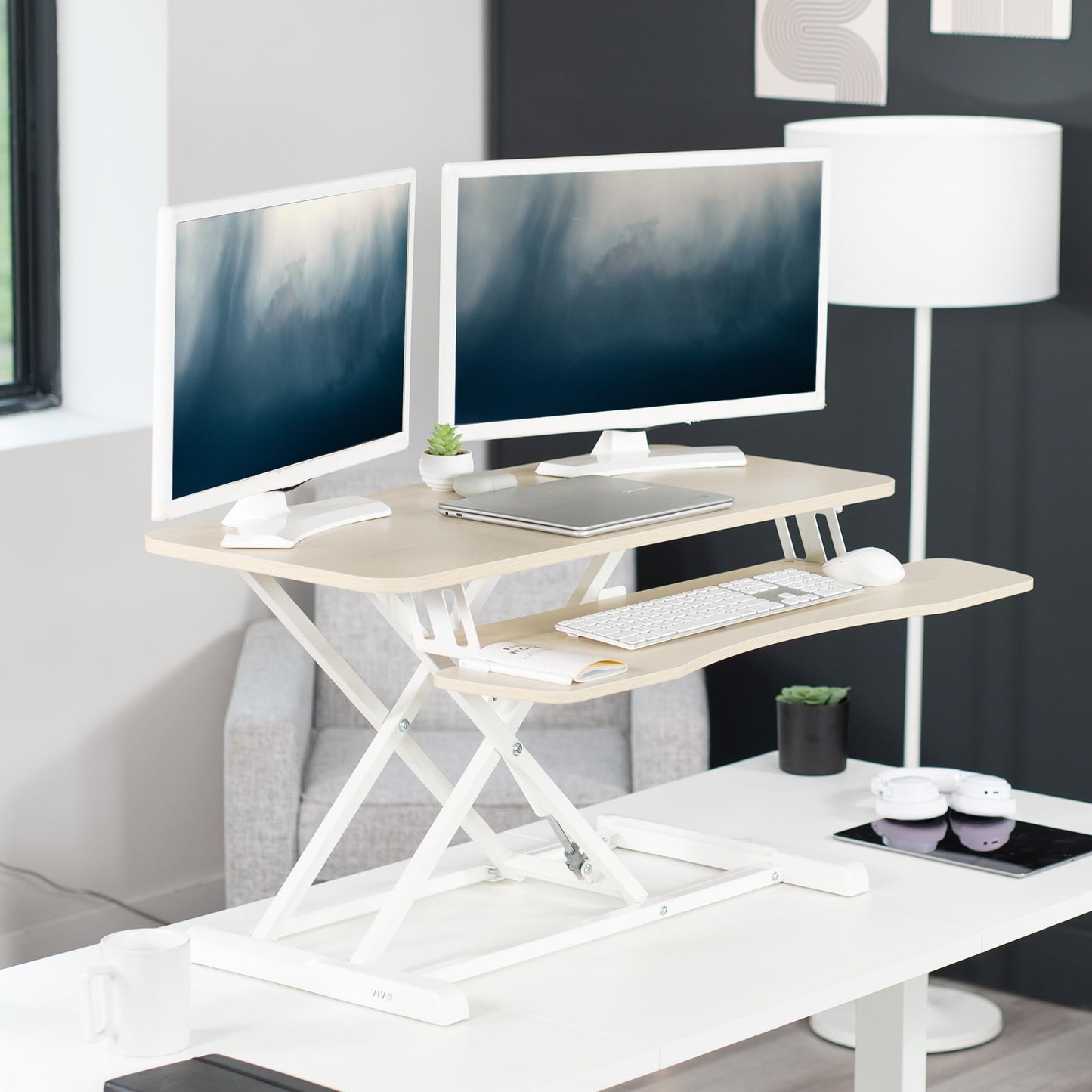 VIVO 91cm Desk Converter, K Series, Height Adjustable Sit to Stand Riser, Dual Monitor and Laptop Workstation with Wide Keyboard Tray, Light Wood Top