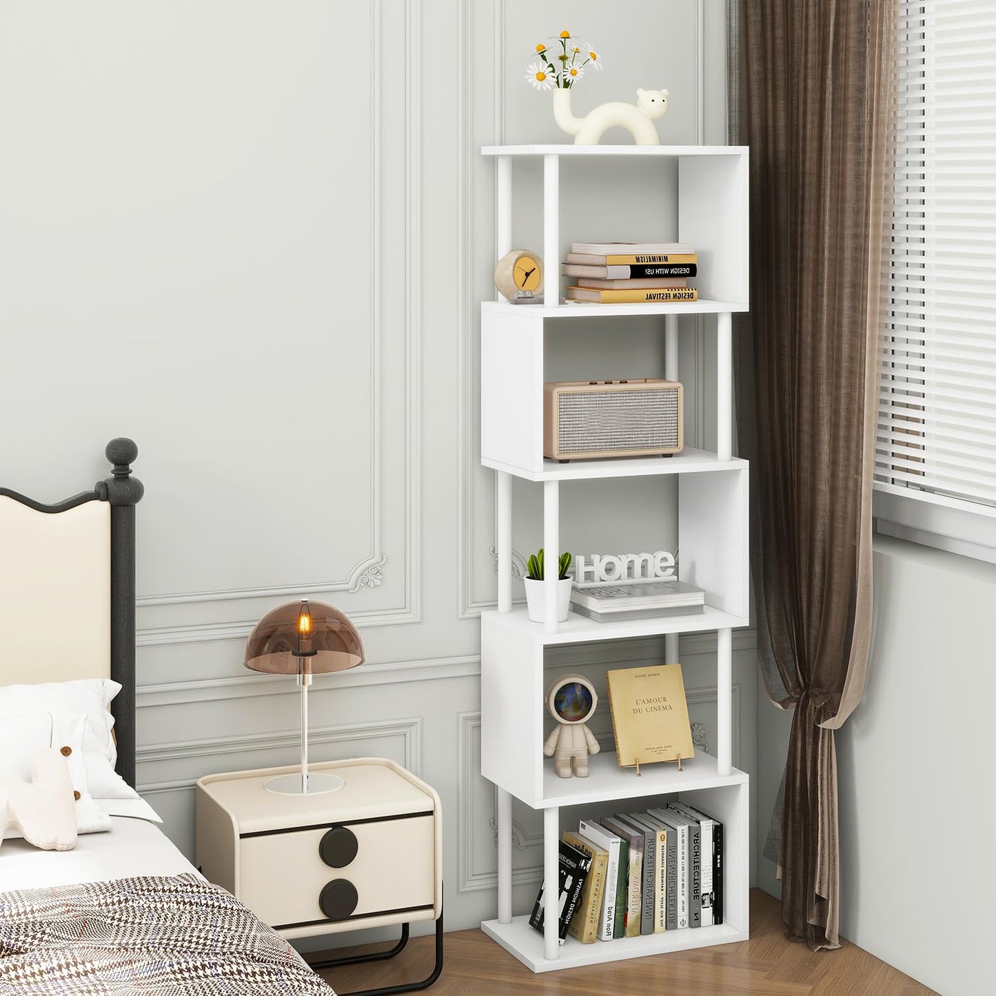 IBUYKE 6-Tier Tall Bookshelf,S-Shaped Geometric Bookcase,White WBC016W