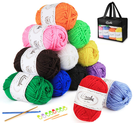 ilauke Crochet Yarn Knitting Wool, 12 x 50g Balls of DK Yarn for Hand Knitting, Colored Acrylic Yarn Set for Beginners Adults, Includes 12 Crochet