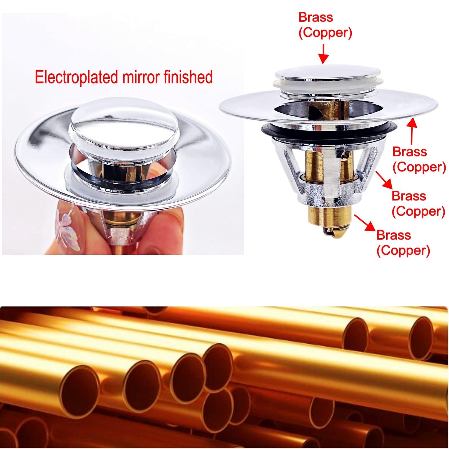 JZK Brass bathroom pop up sink plug replacement for 34-38mm drain hole, universal metal sink strainer stopper, click-clack basin waste plug basket