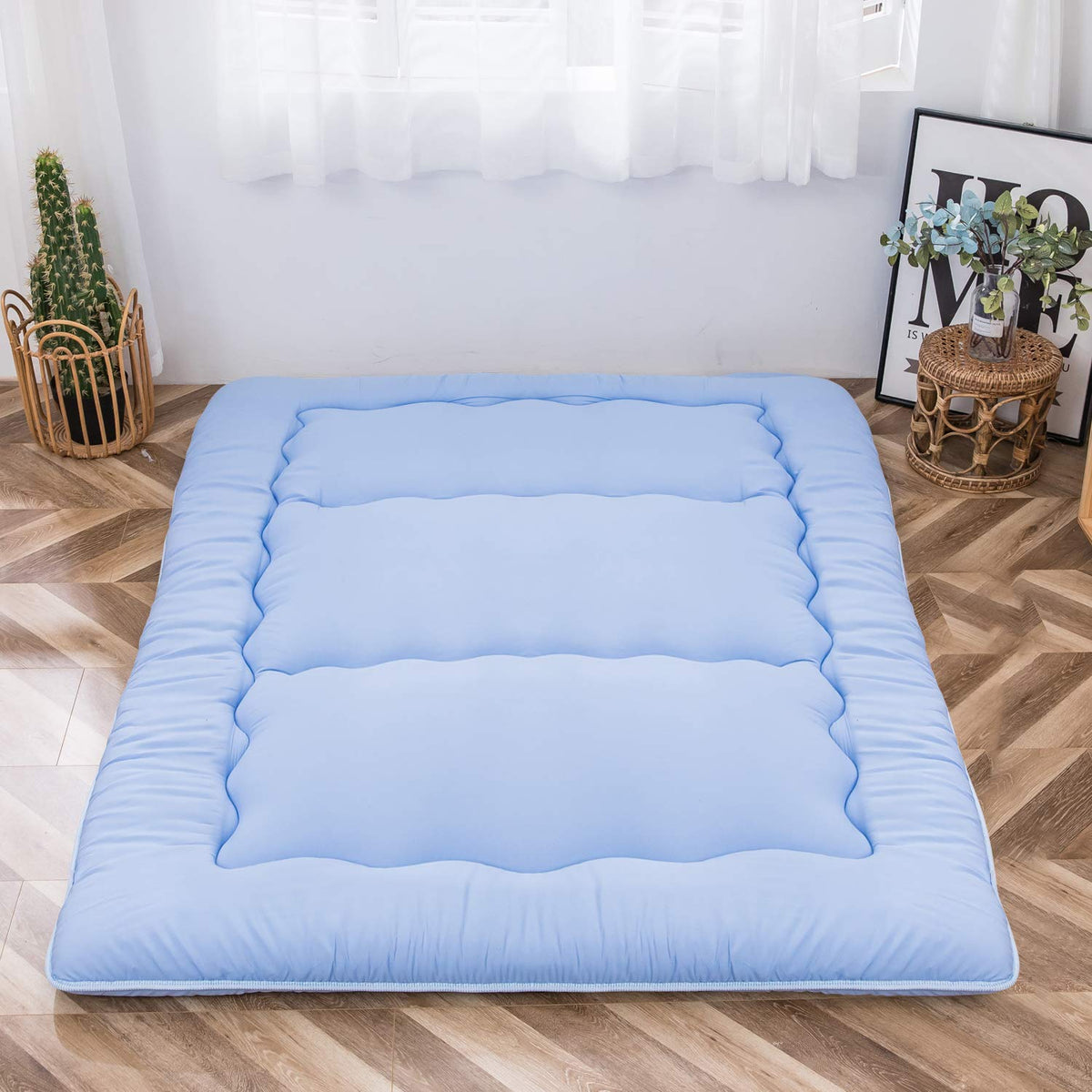 MAXYOYO Japanese Floor Futon Mattress, Thicken Tatami Sleeping Pad Foldable Roll Up Dormitory Mat Pad Floor Lounger Pillow Bed Dusty-Blue, Double