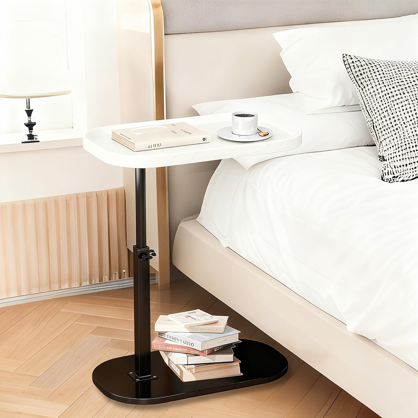 Adjustable Height C Shaped Side Table, Lift up Laptop Tv Tray for Sofa and Bedside, 360°Swivel Small Coffee C Table, Modern Under Sofa Table