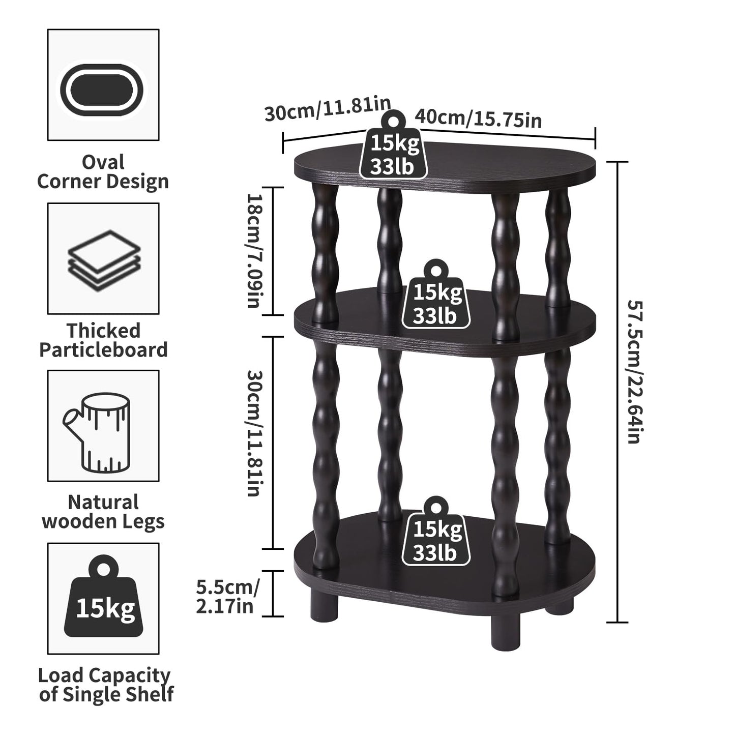Aibiju 3 Tier Oval Side Table with Storage, Narrow End Table with Solid Wood Legs, Bedside Table Nightstand for Small Spaces, Bedroom, Living Room