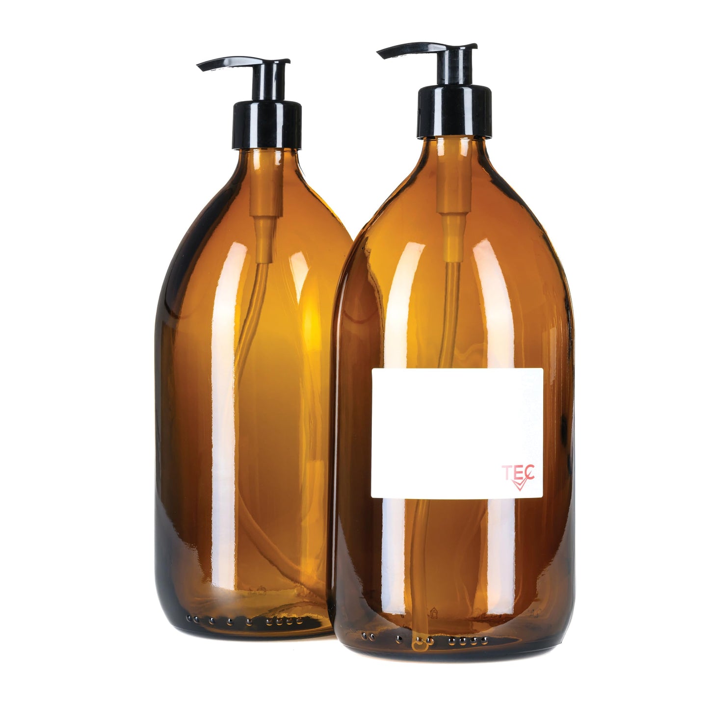 TEC 1 Litre Bottles Amber Glass 65% Recycled with Pumps (2)