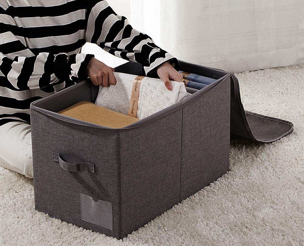 Amonsen Pack of 2, Larg Size Folding Bedroom Wardrobe Clothes Storage Baskets with Zip Lid, Black Gray