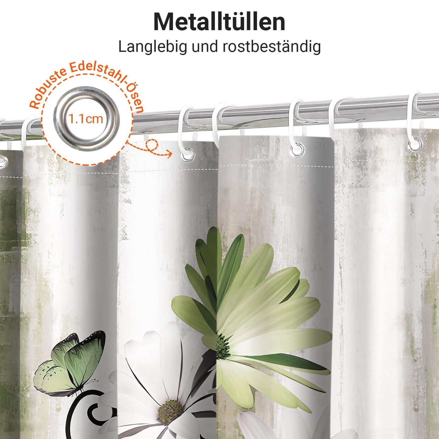 Shower Curtain, 180 x 200 cm, Sage Green Daisies Motif, Weighted Hem, Anti-Mould, Water-Repellent
