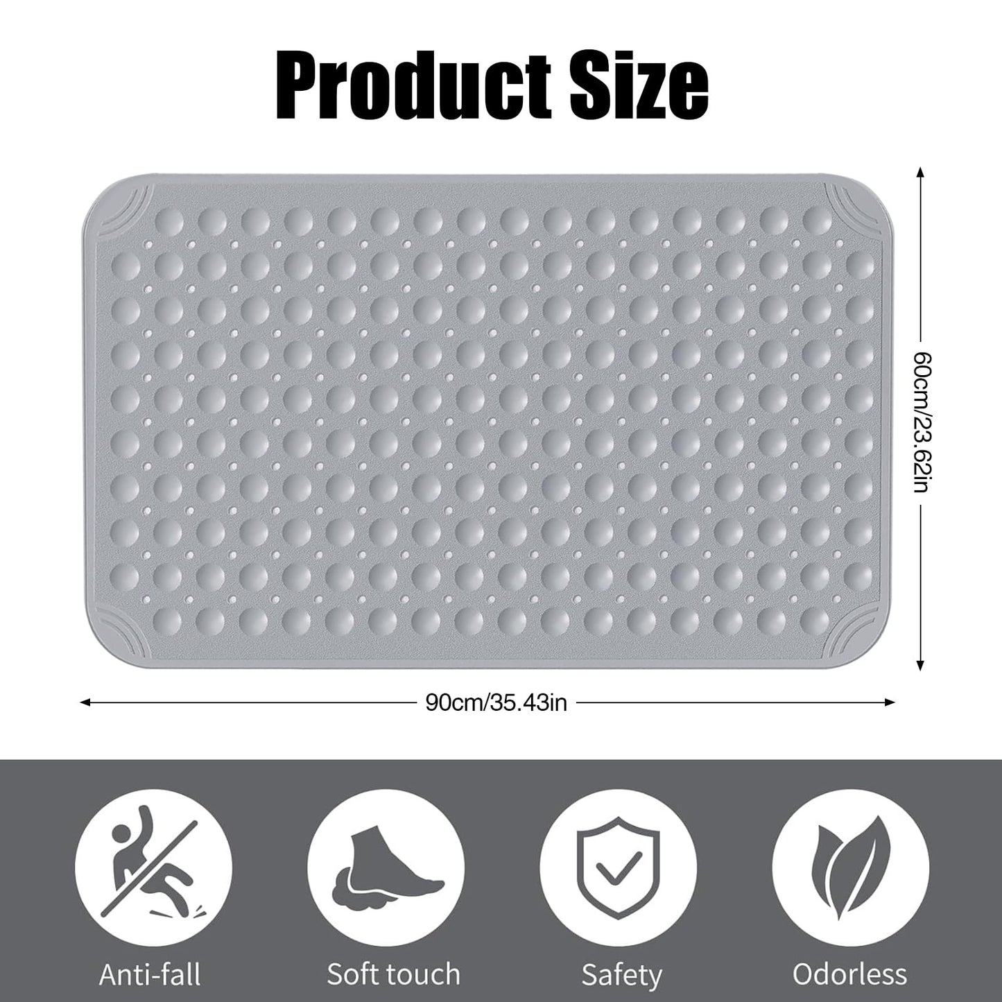 Non Slip Extra Large Shower Mat, 60 x 90 cm Anti Mould Long Bath Mat TPE Shower Mats for Inside with Drain Holes and Suction Cups (Gray)