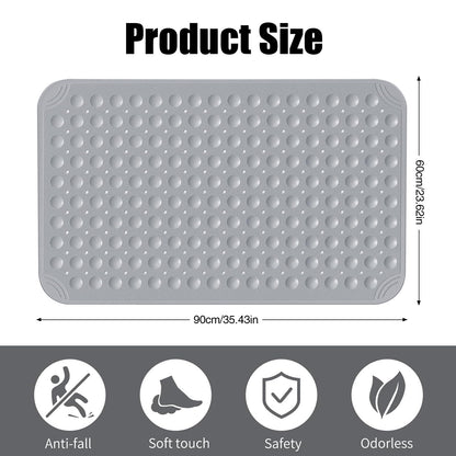 Non Slip Extra Large Shower Mat, 60 x 90 cm Anti Mould Long Bath Mat TPE Shower Mats for Inside with Drain Holes and Suction Cups Gray