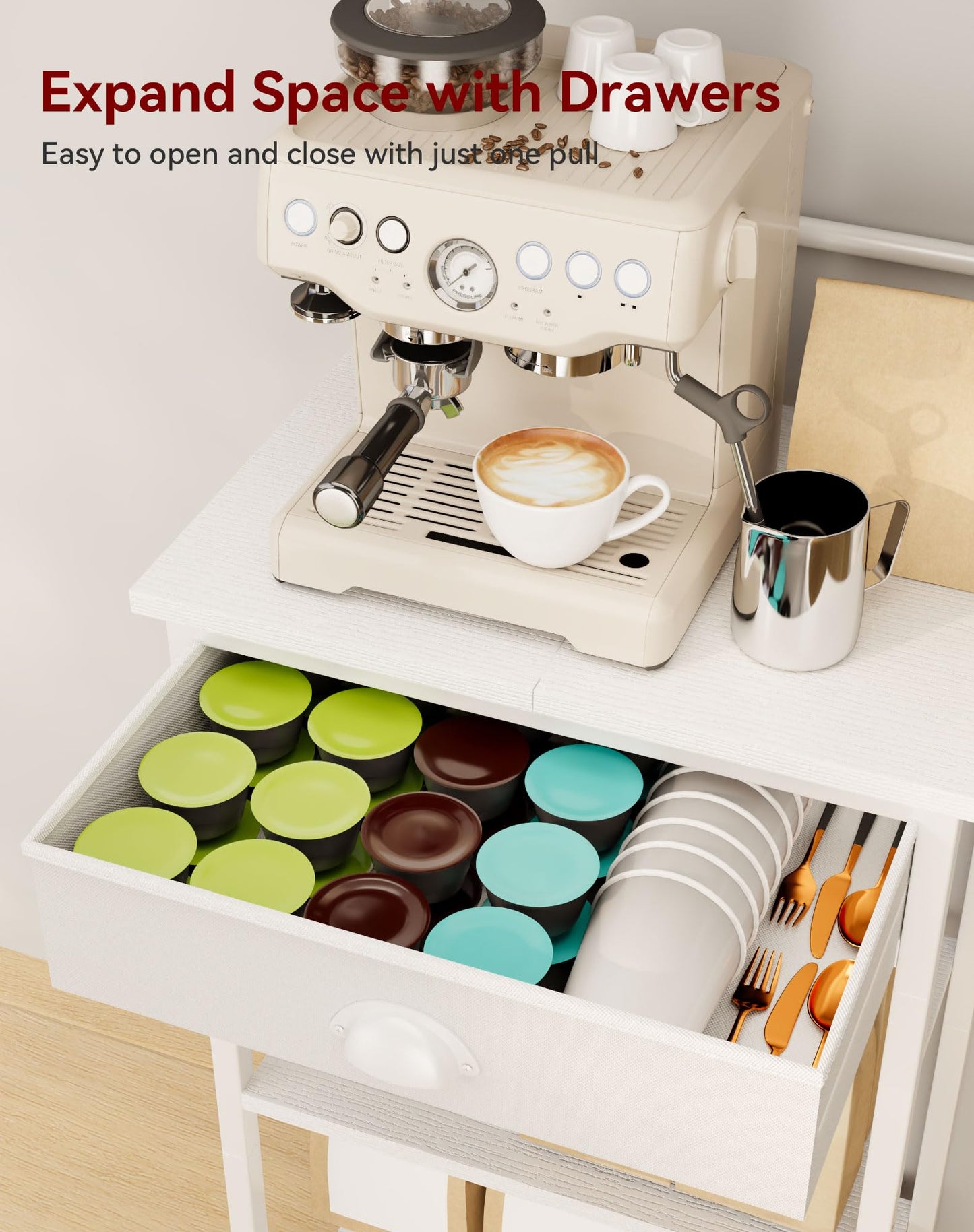 YMYNY 5 Tier Coffee Bar Station, Coffee Stand with Fabric Drawers, 8 S-Shaped Hooks, Corner Bar Cabinet, Height Adjustable, Bakers Rack for Kitchen