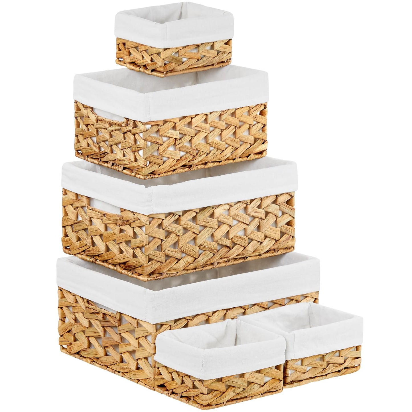 Vagusicc Water Hyacinth Storage Basket with Handle, Handwoven Set of 6 Wicker Storage Baskets for Shelves, Storage Boxes Bin