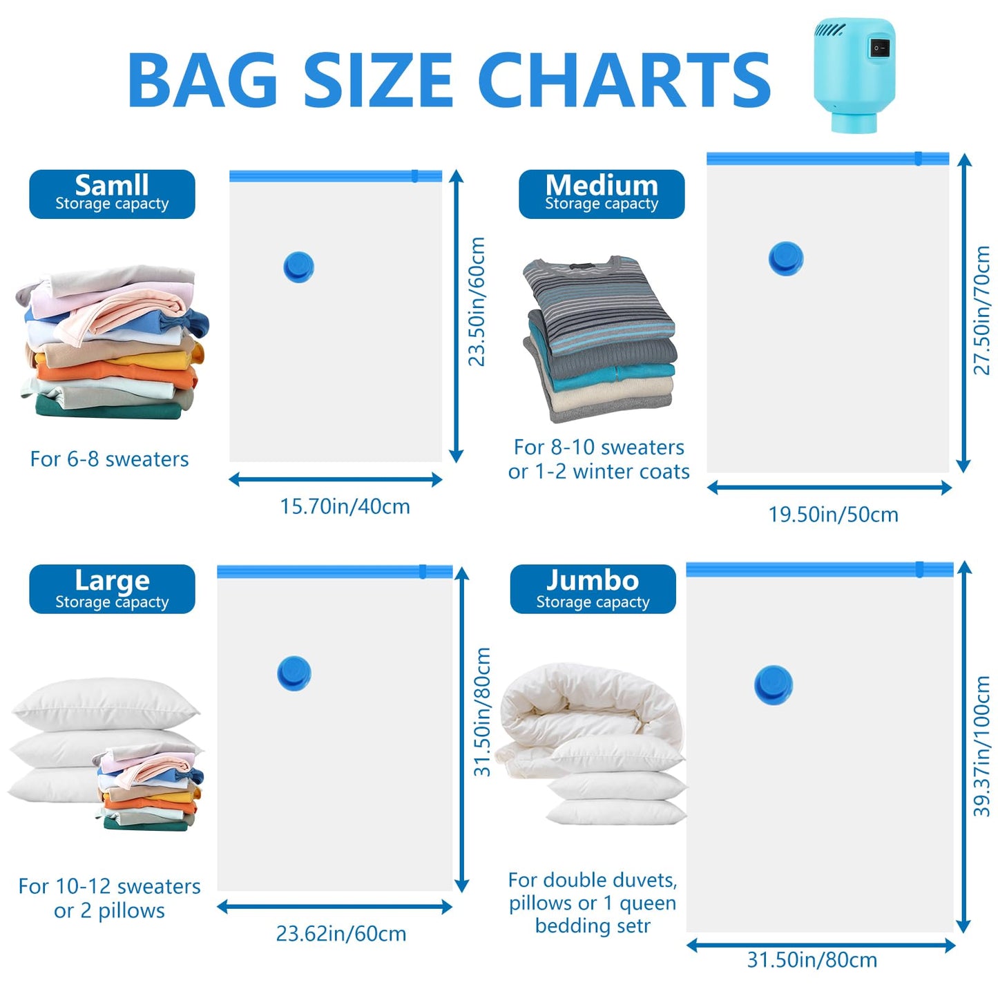 Vacuum Storage Bags 10Pcs with Electric Pump| 2XL+2L+2M+4S Space Saver Bags