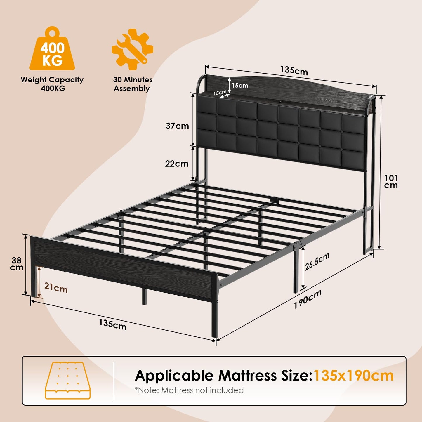 WOWTRELAX Double Bed Frame with Charging Headboard Storage Shelf 135x190cm