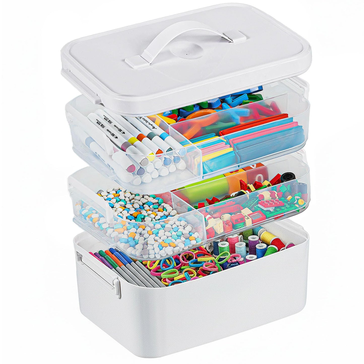 Gifhomfix 3-Layer Plastic Craft Organizers and Storage Box with Removable Trays, Storage Containers with lids and Handle