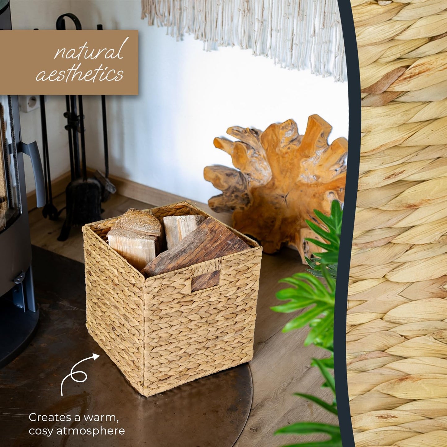HMF Storage Basket Suitable for KALLAX Shelving Unit, Woven Water Hyacinth Basket with Handles | 32 x 34,5 x 32 cm | Nature