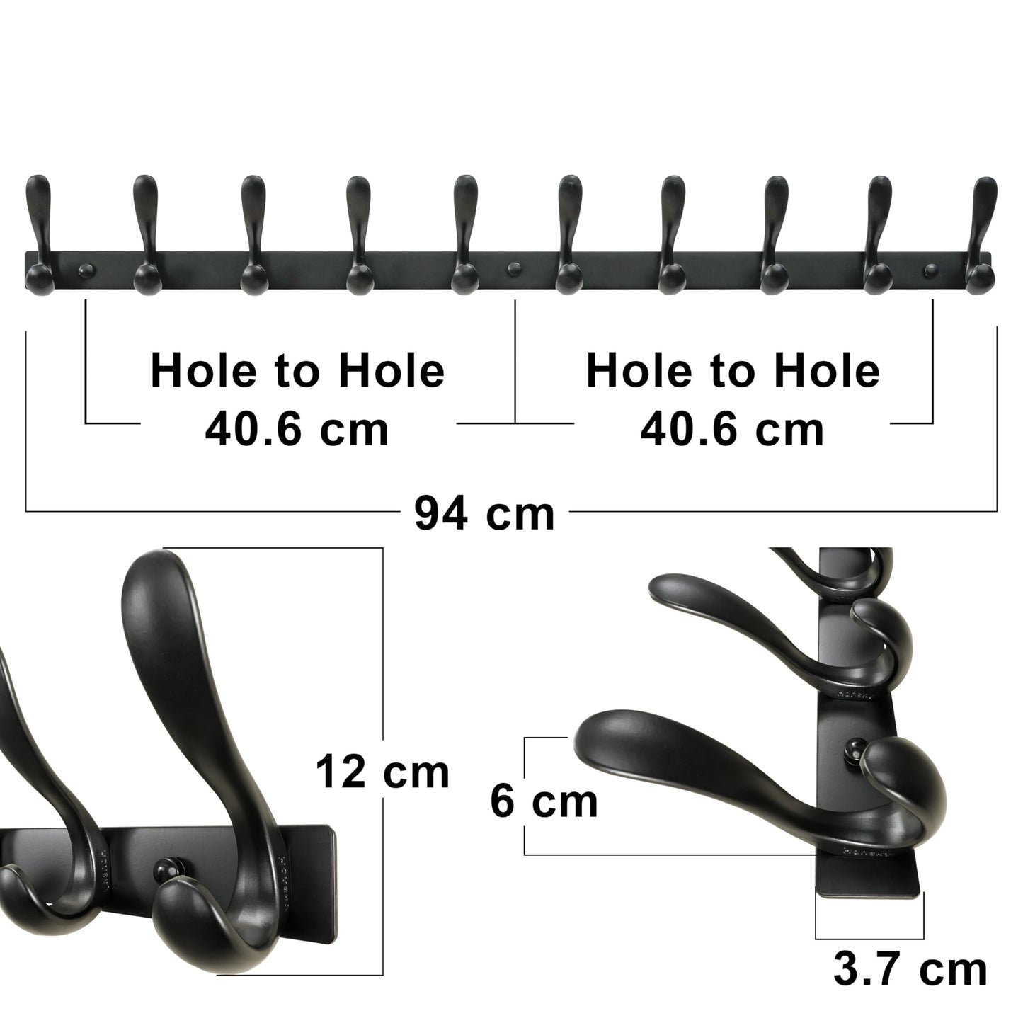 HONSKY Wall Mounted Coat Rack - 94cm Long Heavy Duty Metal 10 Double Hook, Sturdy & Space-Saving, for Hallway,Bedroom, Entryway, Holds Jackets