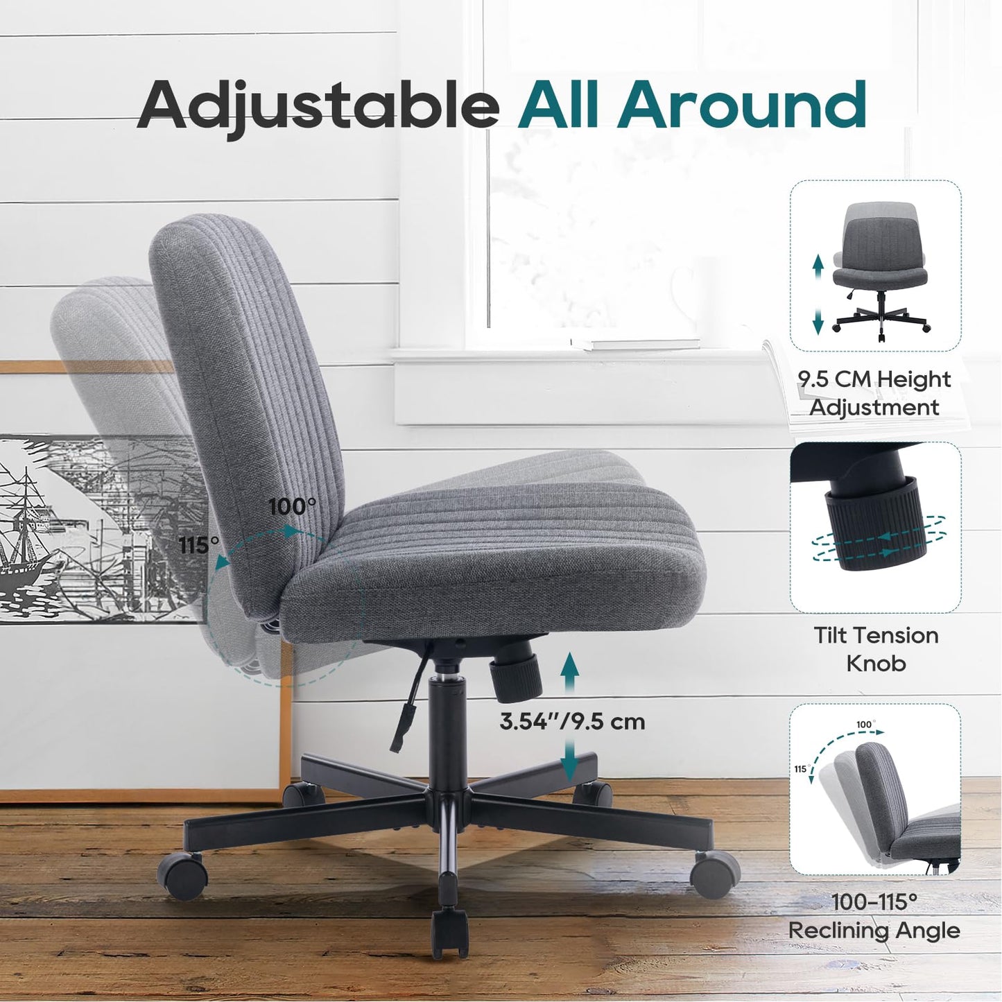 COLAMY Wide Office Chair, Padded Armless Task Vanity Chair Swivel Home Office Desk Chair 115°Rocking Mid Back Ergonomic Computer Chair for Home