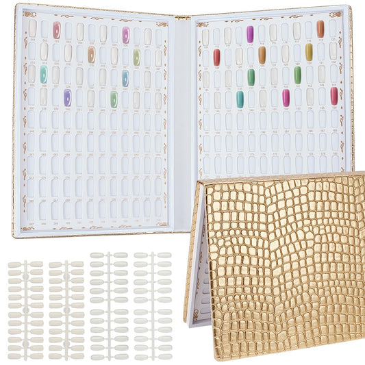 BENECREAT 216 Colors Gold Nail Display Chart, Nail Color Swatches with 480pcs 2 Style False Nail Tips, Salon Nail Sample Tool for Nail Painting