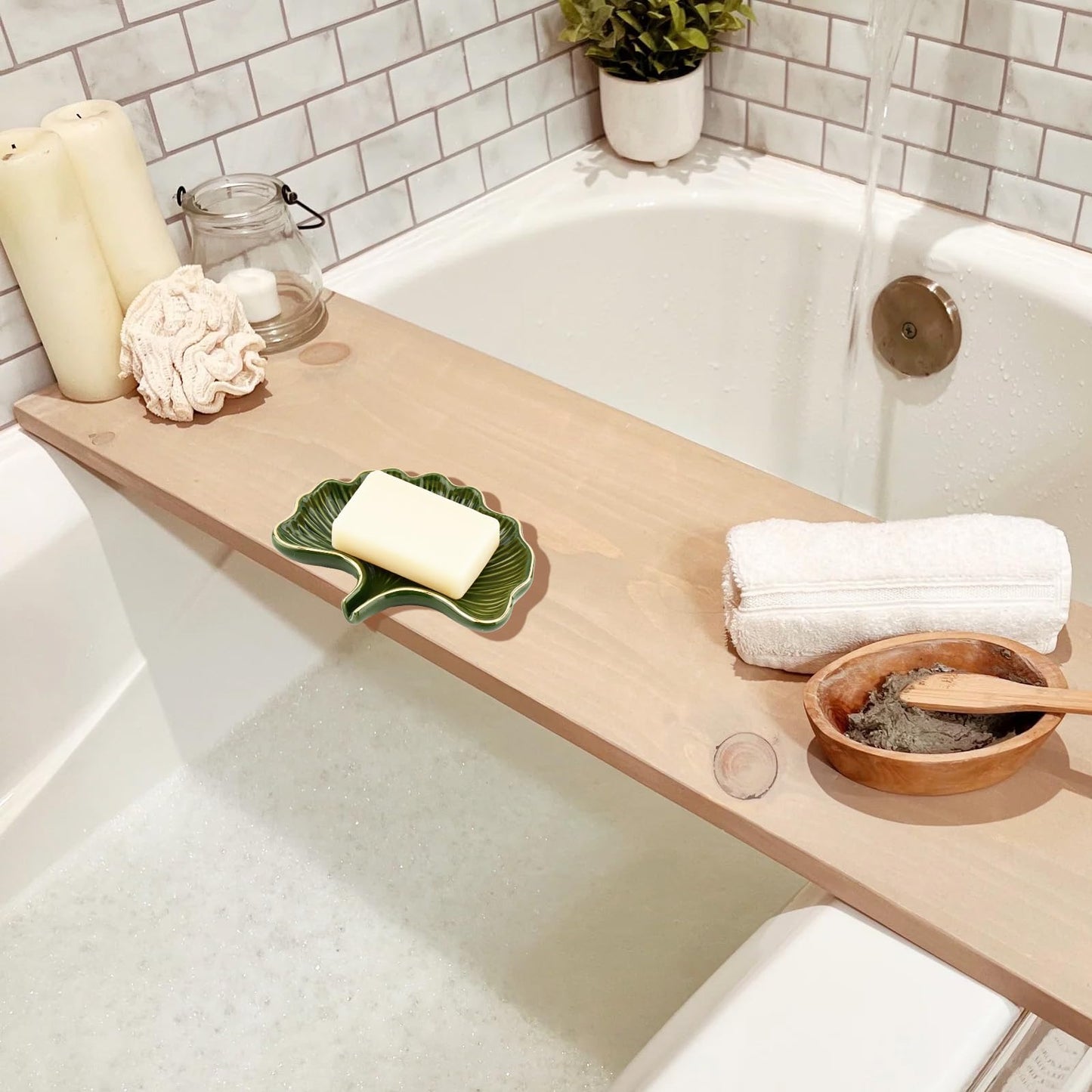 YoHyien Ceramic Soap Dish with Drainage, Ginkgo Leaf Shaped Soap Dish for Bathroom, Self Draining Soap Holder for Shower, Kitchen, and Sink