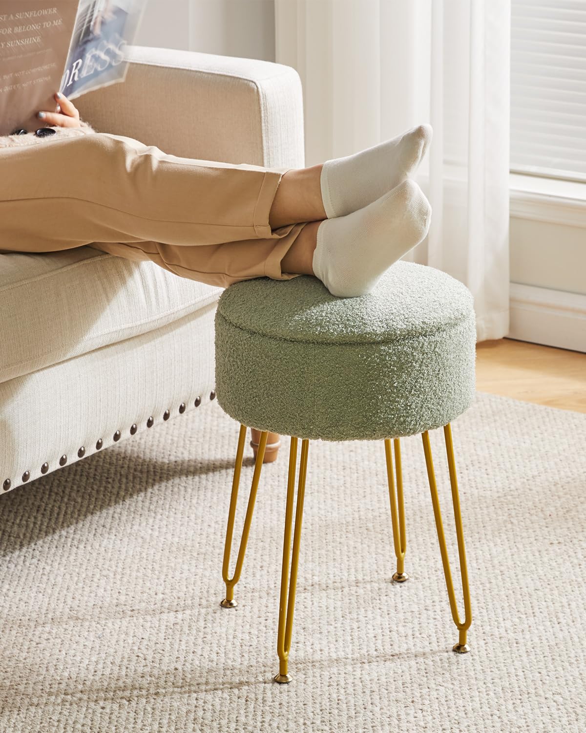 IBUYKE Makeup Vanity Stool, Teddy Velvet Ottoman, Light Green WBD010D