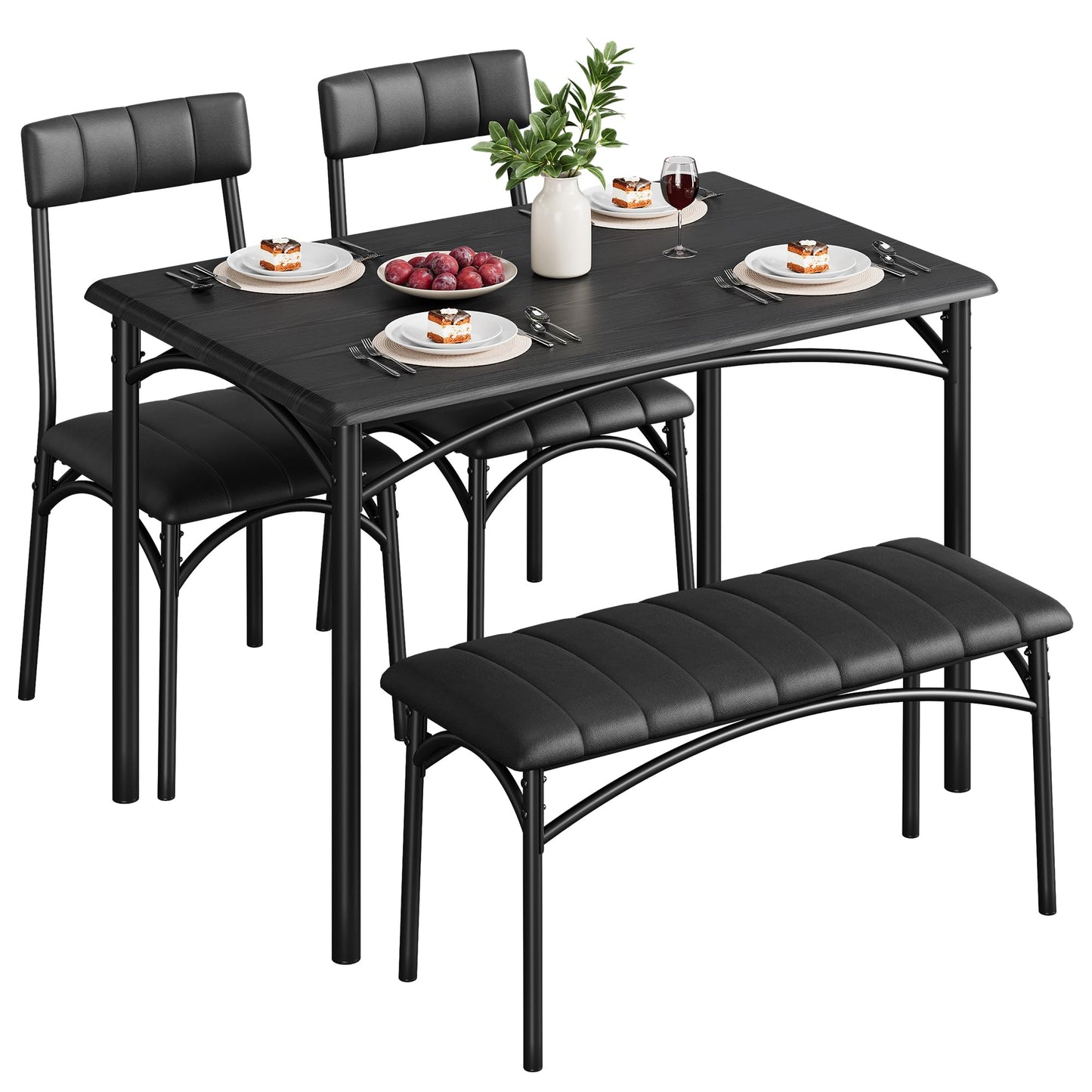 Lidzopas Dining Table Set Upholstered Chairs & Bench, Compact Space-Saving, Industrial Rustic Metal Frame, Sturdy Durable