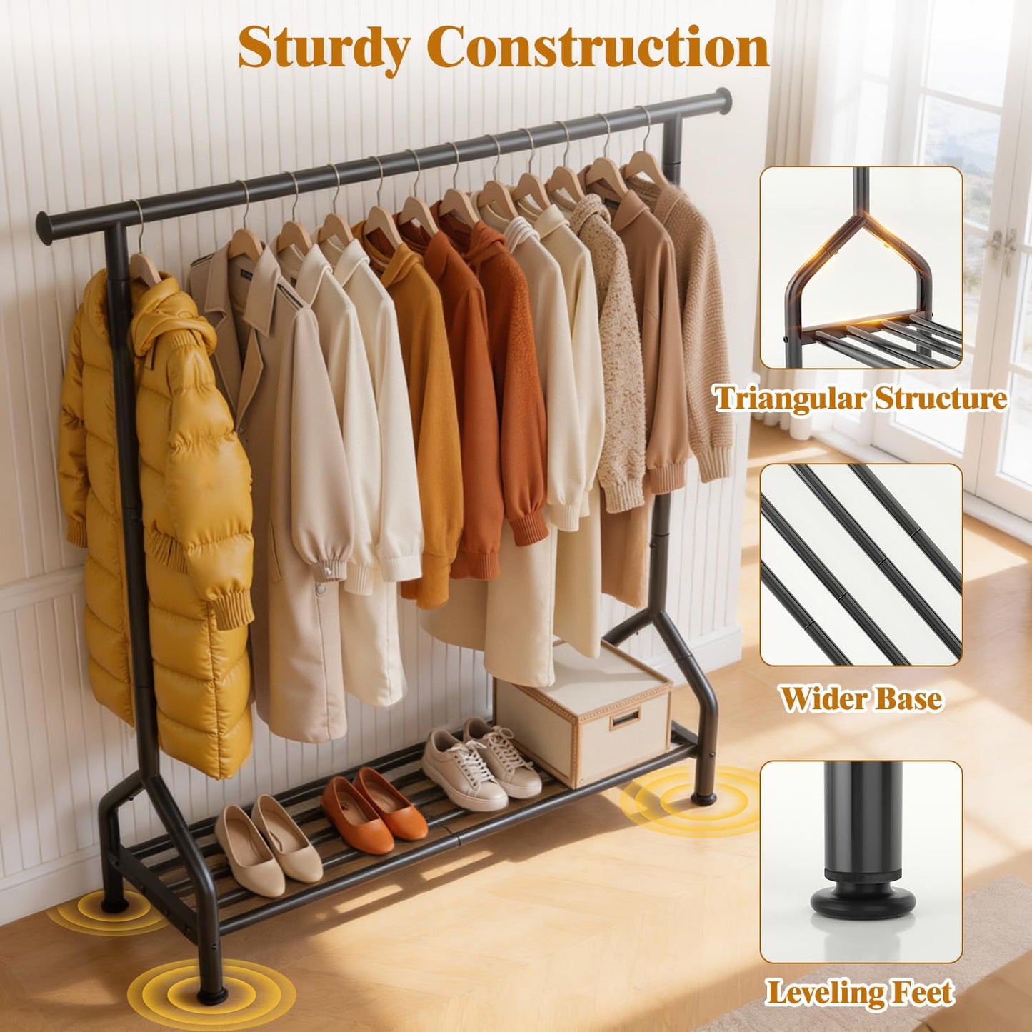 EAGMAK Metal Clothes Rail with Shelf for Hanging Clothes, Sturdy Freestanding Clothes Hanging Rail for Wardrobe & Bedroom Clothing Storage, Black