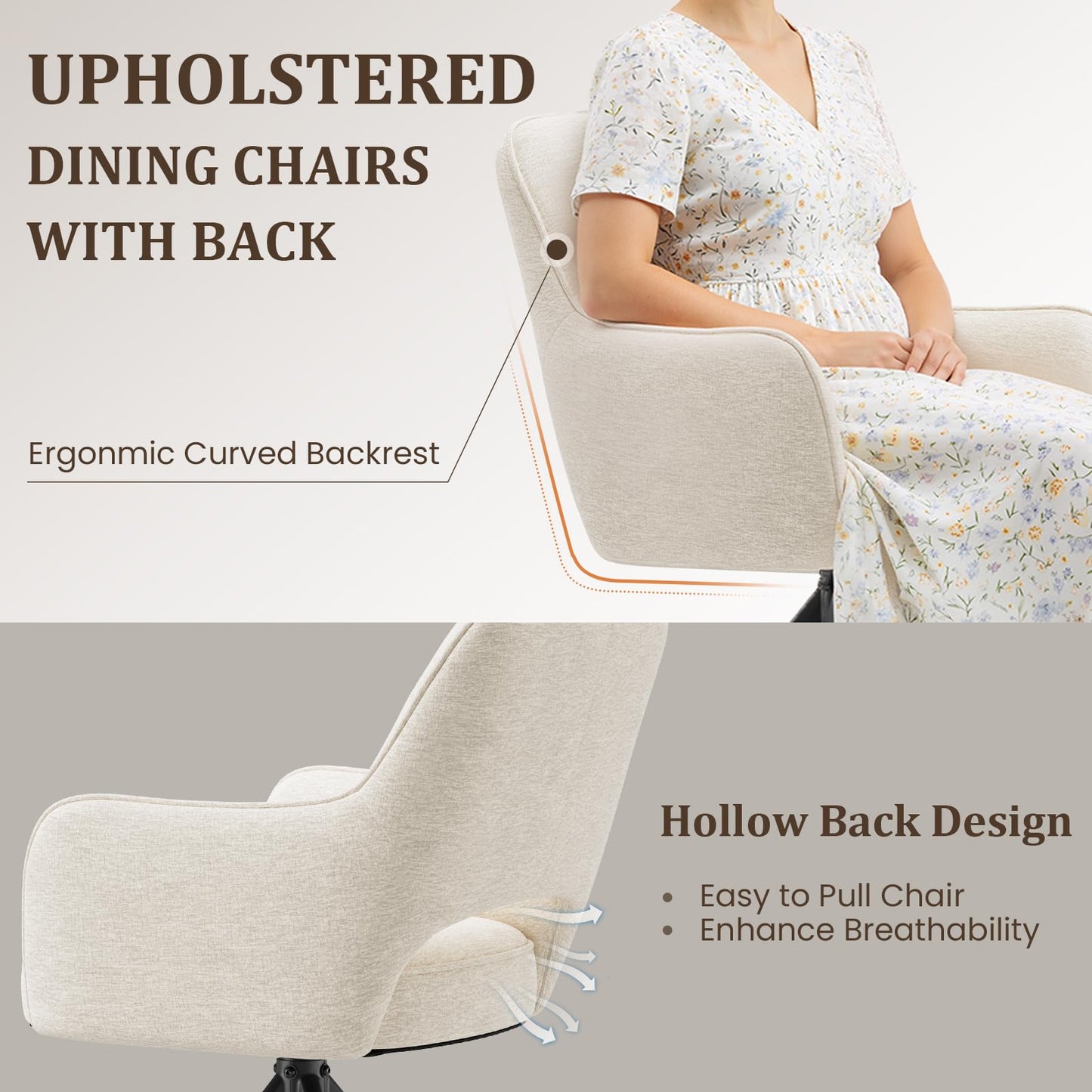 COLAMY 360°Swivel Dining Chairs Set of 4, Fabric Chairs for Dining Room with Armrests, Hollow Backrest and Thick Seat Cushion