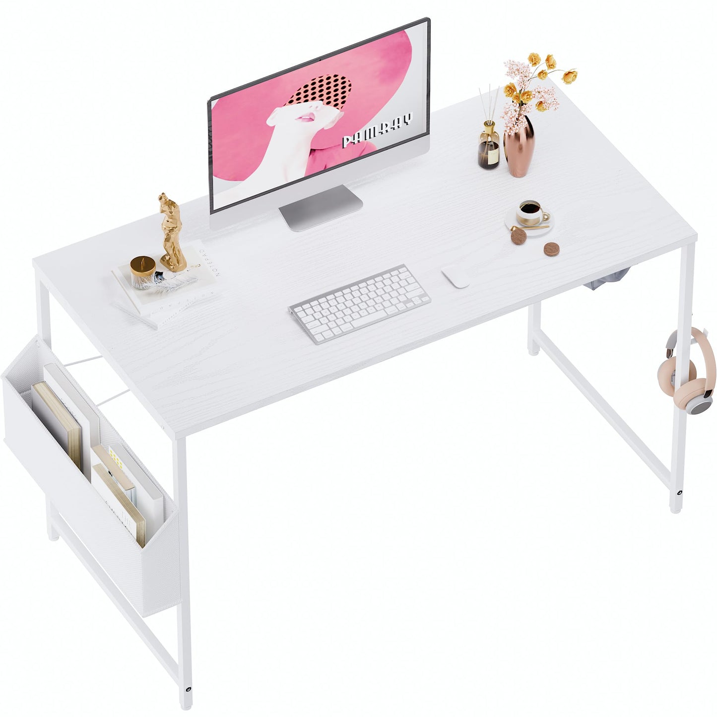PAMRAY 120x50cm Computer Desk for Small Spaces with Storage Bag, Home Office Work Desk with Headphone Hook, Small Office Study Writing Table， White