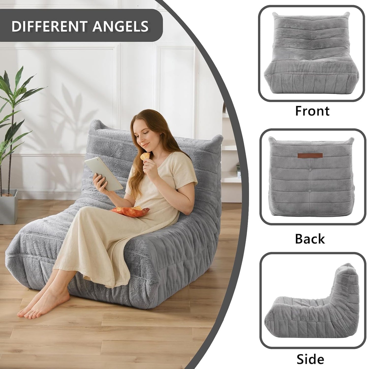 Bean Bag Chair w/ Filling, Comfy Lounge Chair, Floor Sofa Adults (Grey)